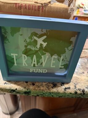 Travel Fund Savings Box in Blue or Pink with World Map Design